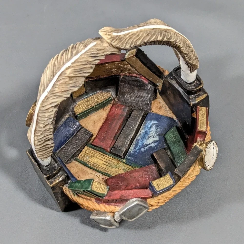 Vintage Resin Literary Trinket Basket Books Quill Pen Spectacles Decor